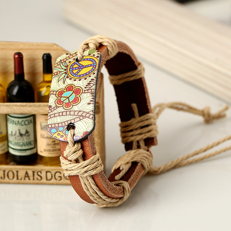 Joyas populares de estilo bohemio pulseras de cuero de vaca tejidas con cuerda de cáñamo, pulseras de cuero de logotipo Pacífico pintadas con estilo retro