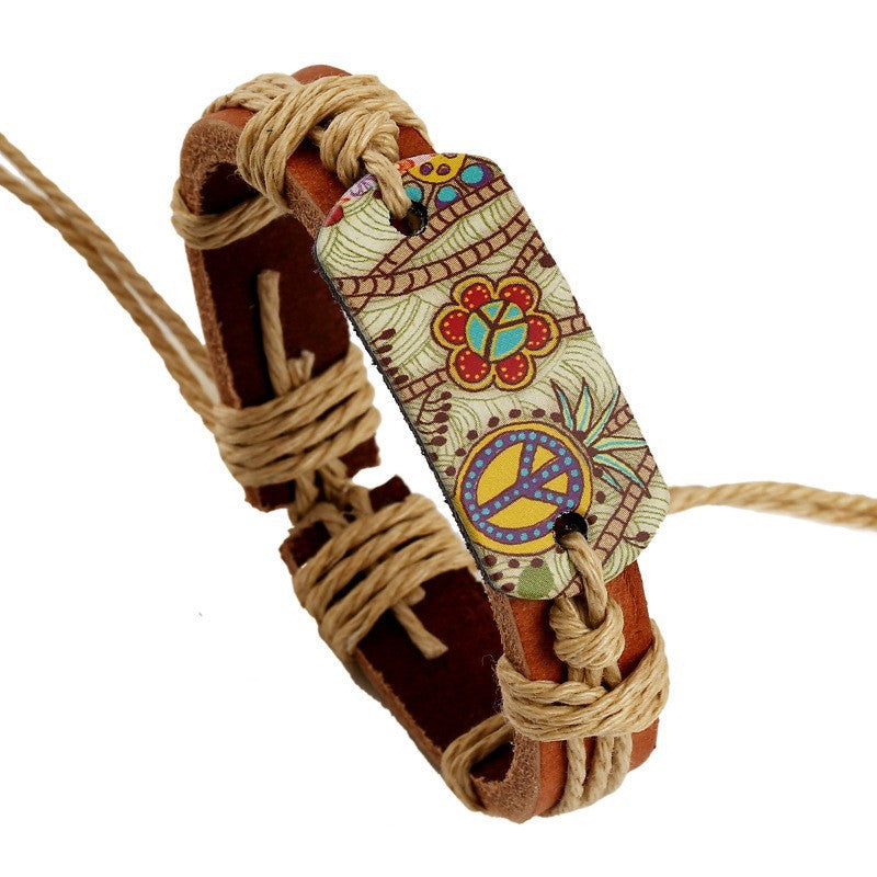 Joyas populares de estilo bohemio pulseras de cuero de vaca tejidas con cuerda de cáñamo, pulseras de cuero de logotipo Pacífico pintadas con estilo retro